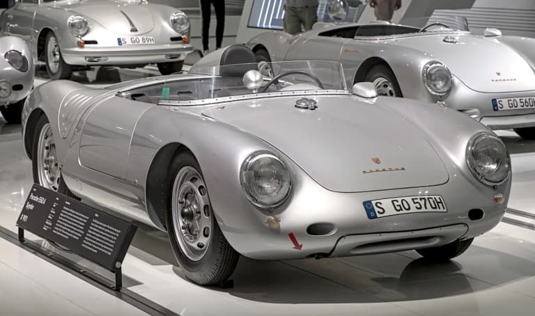 Silver Porsche 550 A Spyder on display in the Porsche Museum