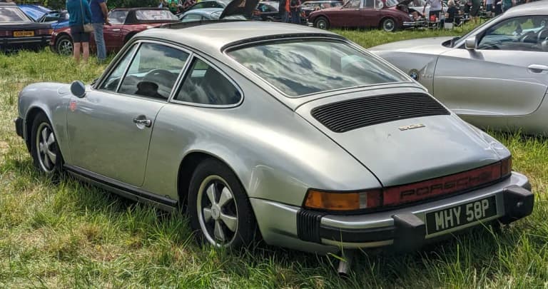 Silver 1976 Porsche 912E rear three-quarter view