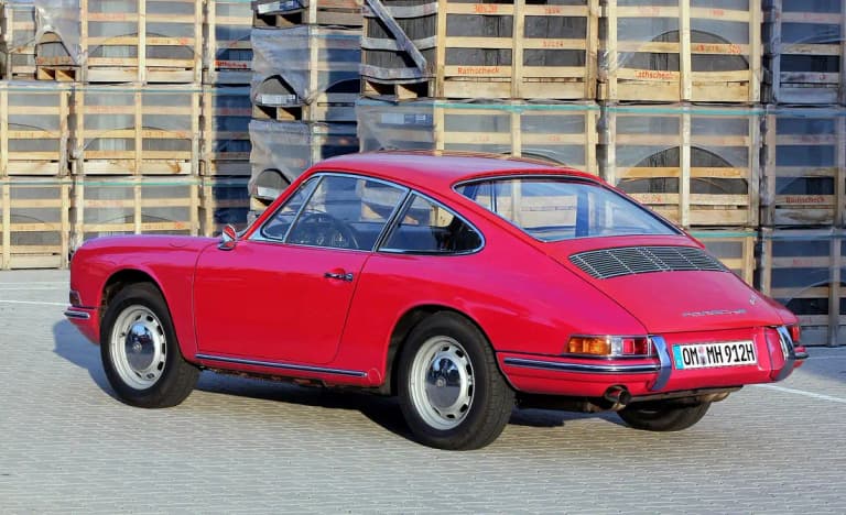 Red Porsche 912 coupe rear three-quarter view with 912 badge