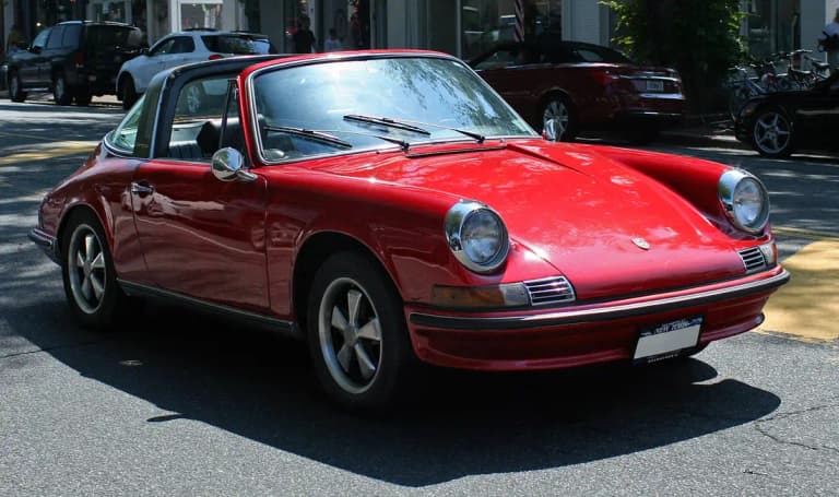 Red Porsche 912 Targa with silver roll bar and roof panel removed