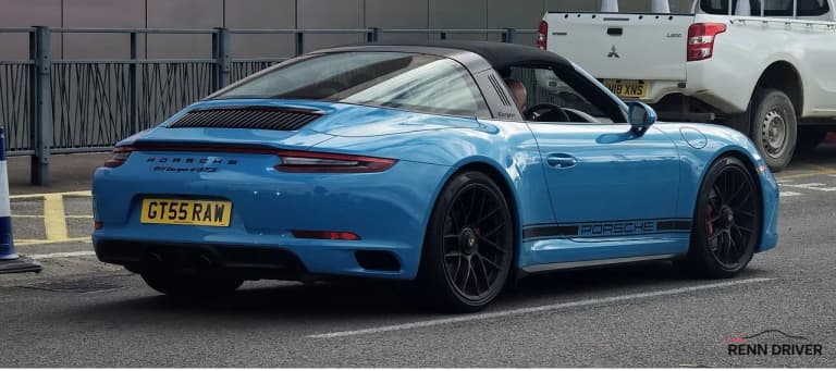 Rear view of a Porsche 991 Targa 4 GTS showing the Targa bar