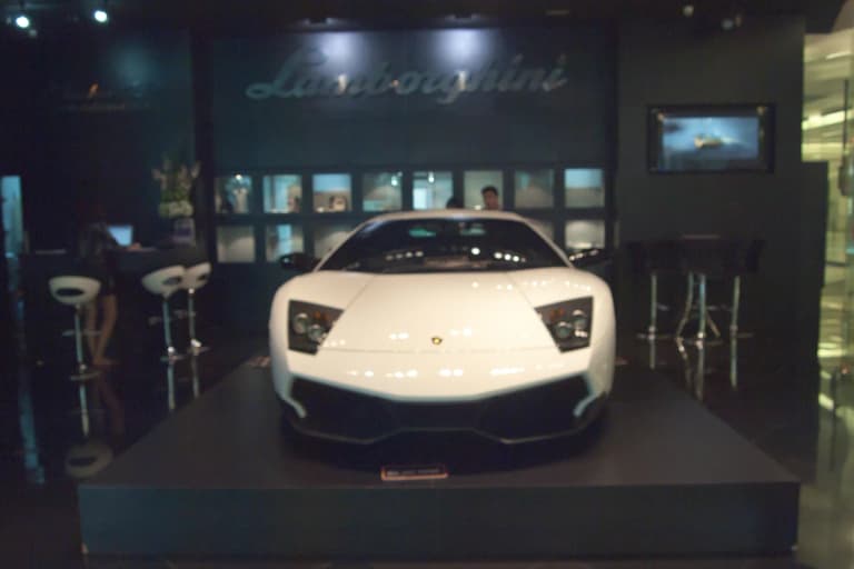 White Lamborghini Murcielago in a Lamborghini showroom in Bangkok