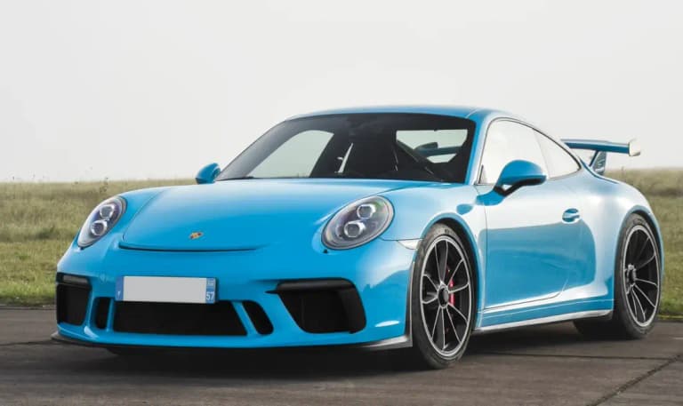 Bright blue Porsche 991 911 GT3, front three-quarter view