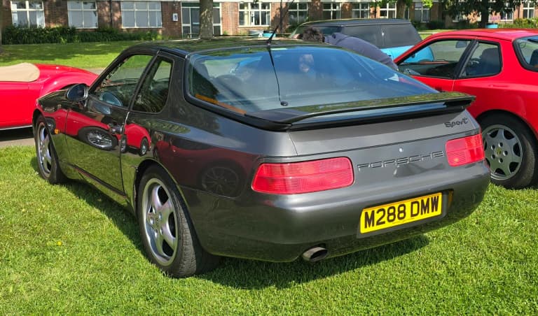 Rear view of a Porsche 968 coupe showing its integrated rear spoiler
