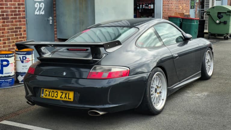 Porsche 996 GT3 rear three-quarter showing the fixed rear wing