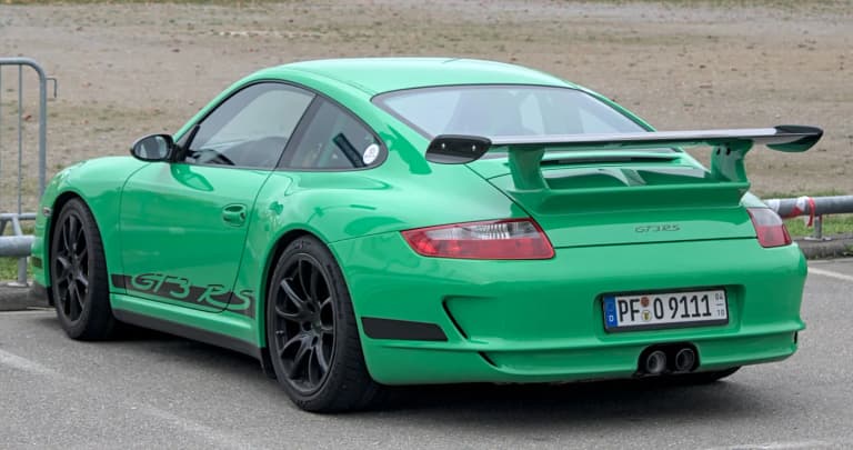Green Porsche 911 (997) GT3 RS with rear wing