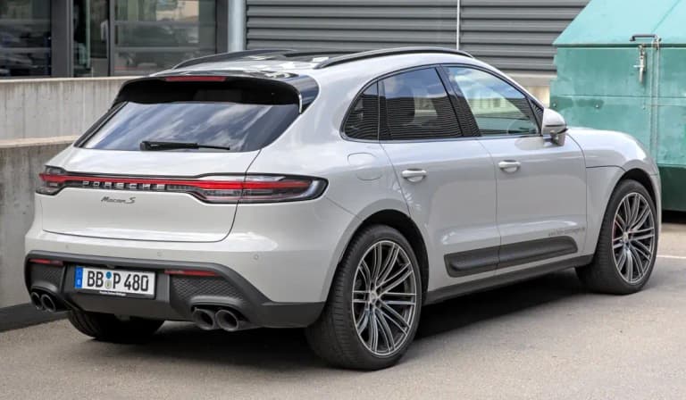 Silver Porsche Macan S rear three-quarter view
