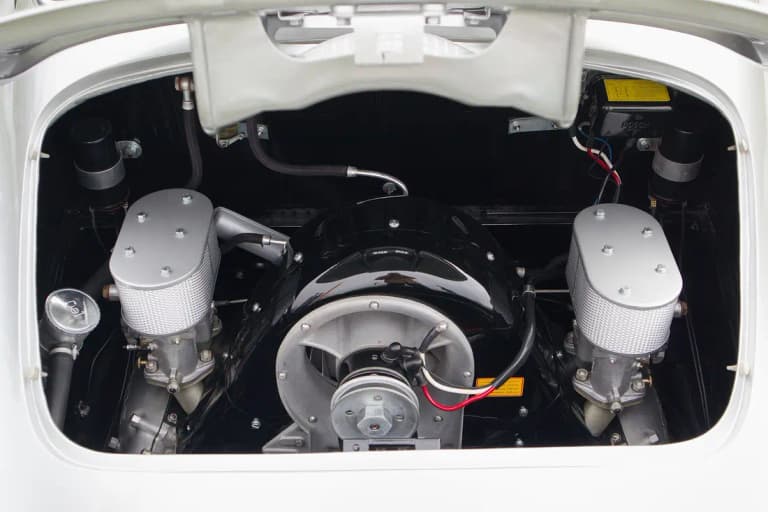 Porsche 356 Carrera four-cam flat-four engine in the rear engine bay