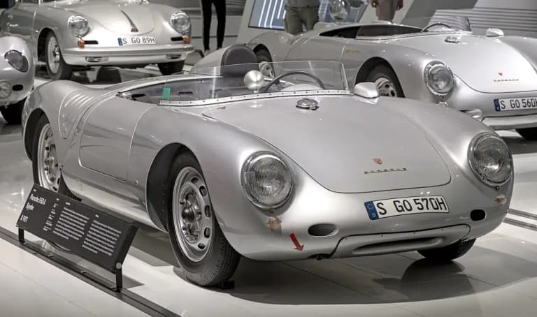Silver Porsche 550 A Spyder on display in the Porsche Museum