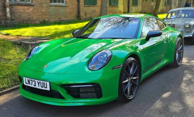 Green Porsche 911 Carrera T (992), the manual-only model