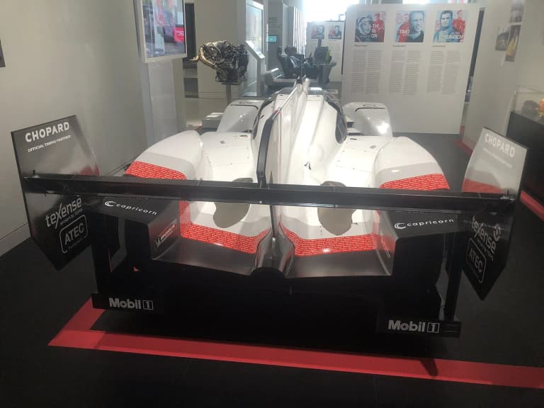 Rear view of the Porsche 919 Hybrid Evo showing its large rear wing and diffuser