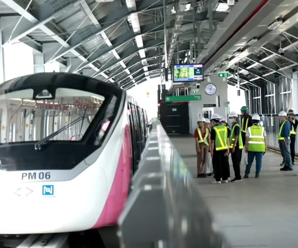 MRT Pink Line train at the IMPACT Muang Thong Thani station that serves IMPACT Speed Park