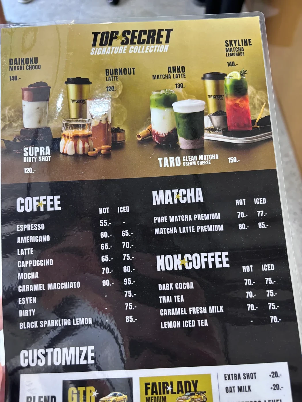 Top Secret Cafe signature coffee and matcha menu board